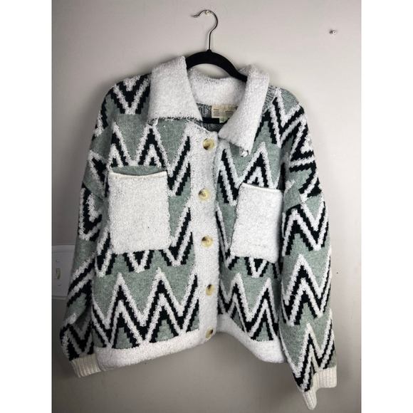 Saturday Sunday by Anthropologie Chevron Boucle Knit Cardigan Jacket Size Large - Picture 2 of 9